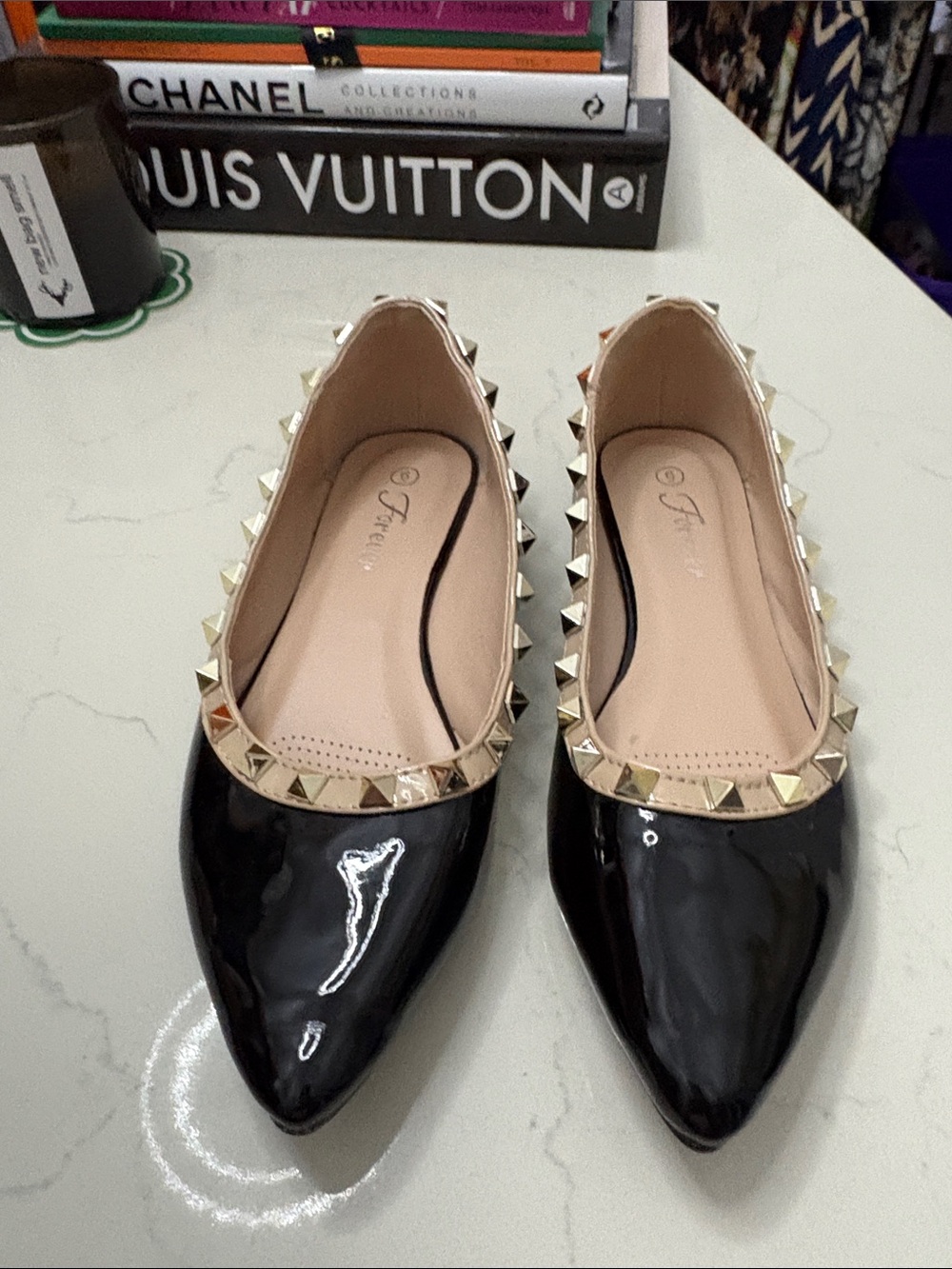 Forever Black Patent Pointed Flats with Gold Stud Trim